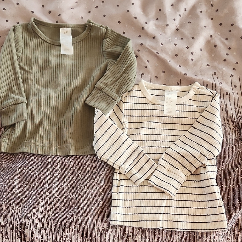 6M H&M Kids Long Sleeve Ribbed Tops - Green and White Striped